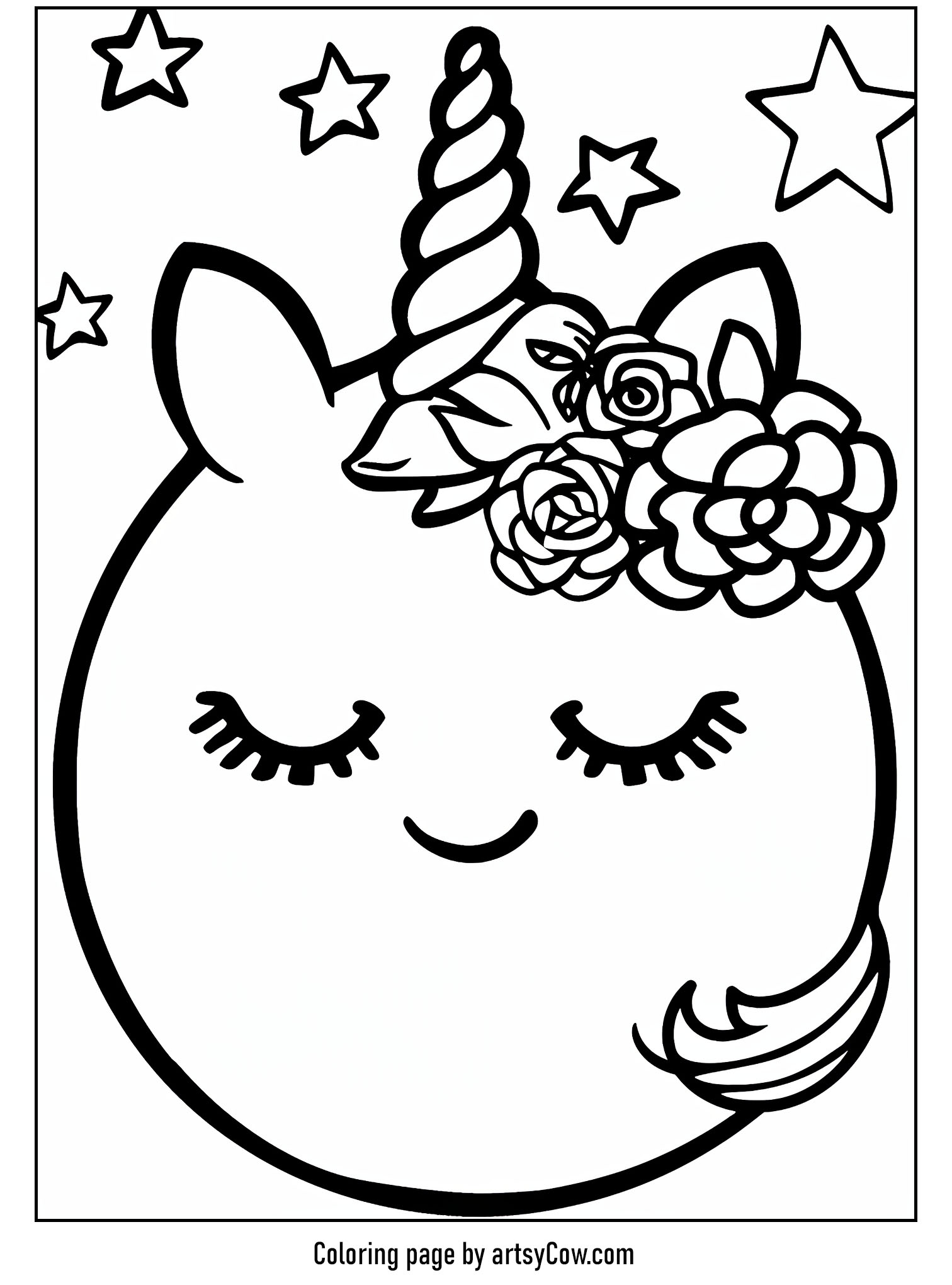 a serene unicorn face with a floral crown and twinkling stars in background